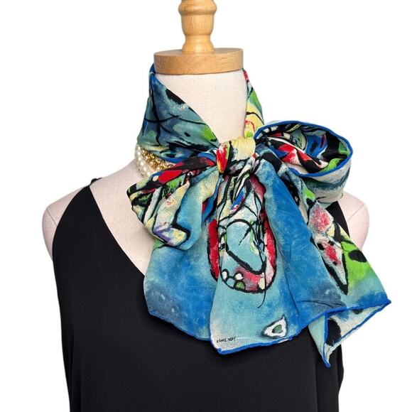 Kandinsky art print 100% silk rolled edge scarf wrap red blue black 16 x 60" - Picture 3 of 8
